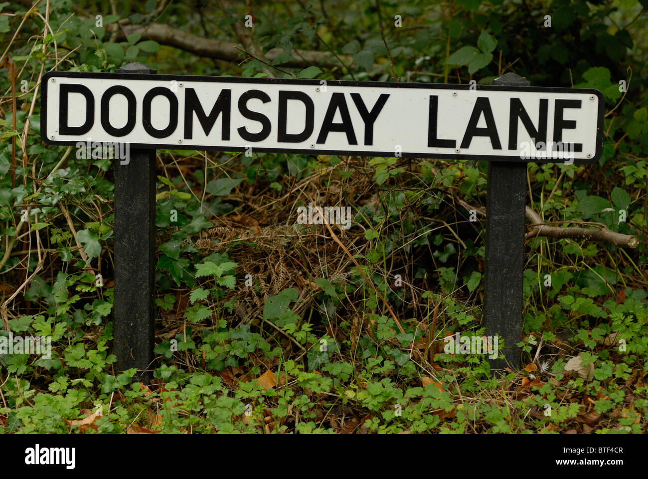 a-signpost-for-doomsday-lane-near-horsham-in-west-sussex-england-BTF4CR.jpg