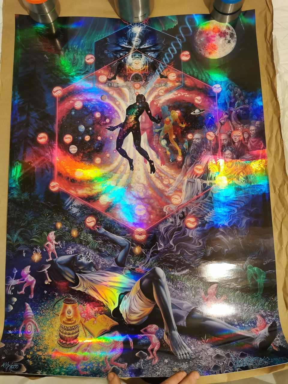 Lithograph printed on rainbow holographic mat board with UV varnish