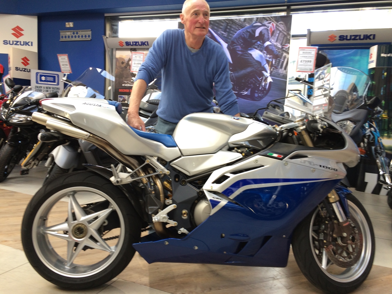 My dear belated Dad with the MV Agusta he bought and never rode, now in my collection.